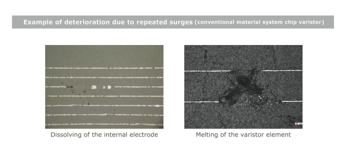 Figure 4  Examples of deteriorating chip varistors due to repeated surges